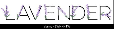 Lavendelblüte violett kleines Blumenalphabet für die Gestaltung von Karte oder Einladung. Vektor-Illustrationen, isoliert auf weißem Hintergrund für Sommer Blumen Stock Vektor