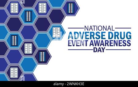 Hintergrundbild zum nationalen Tag des Bewusstseins für unerwünschte Arzneimittelwirkungen mit Formen und Typografie. National Adverse Drug Event Awareness Day, Hintergrund Stock Vektor