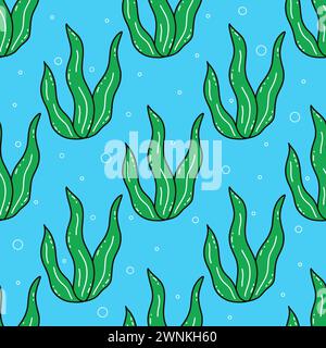 Nahtloses Muster mit grünen Meereskorallen oder Algen unter Wasser. Vegetation der Ozeane oder Meere. Bunte Vektor-Illustration Kritzelei Hand gezeichnet. Drucken f Stock Vektor