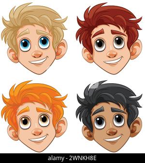 Vier Zeichentrickjungen mit verschiedenen Frisuren und Hauttönen Stock Vektor