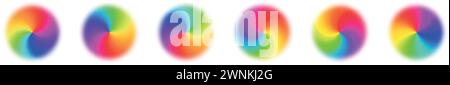 Radialer Farbverlauf im Hintergrund, wirbelnd mit dem Regenbogenfarbspektrum in einem Kreis. Lebendiges Design mit farbenfrohen Wirbeln. Abbildung des flachen Vektors isoliert auf Stock Vektor