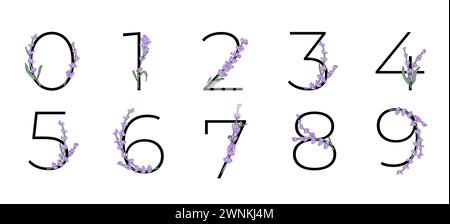 Lavendelblüte violett kleine Blume Handzeichnung Nummer für Hochzeitsdesign von Karte oder Einladung. Vektorillustrationen, isoliert auf weißem Hintergrund Stock Vektor
