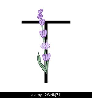Lavendelblüte violett kleines Blumenalphabet für die Gestaltung von Karte oder Einladung. Vektor-Illustrationen, isoliert auf weißem Hintergrund für Sommer Blumen Stock Vektor