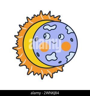 Partielle Sonnenfinsternis. Bunte Vektor isolierte Illustration Hand gezeichnet Kritzelei. Süß lächelnde Sonne und Mond. Symbol oder Karte, Clip-Art mit Kontur drucken Stock Vektor