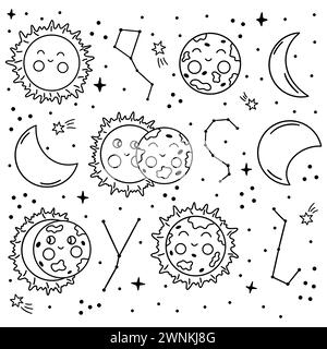 Sonnenfinsternis. Phasen des Einsetzens der Sonnenfinsternis. Nachthimmel mit Sternen und Sternbildern. Schwarz-weiß Vektor isolierte Illustration Hand gezeichnet Dood Stock Vektor