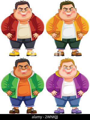 Vier Zeichentrickfiguren mit verschiedenen Outfits und Ausdrucksformen. Stock Vektor