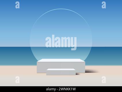 Sommer zu Ihren Produktpräsentationen mit 3D-Podium-Mockup in weiß. Mit kreisförmiger transparenter Glaskulisse und freiem Blick auf den Strand und die Sonne Stock Vektor