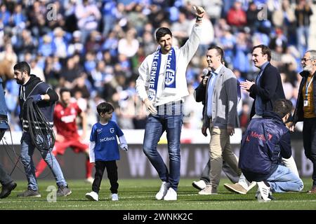 Genk, Belgien. März 2024. Thibaut Courtois und sein Sohn Nicolas vor einem Fußballspiel zwischen KRC Genk und Club Brugge am Sonntag, den 3. März 2024 in Genk, am 2. Tag! Der Saison 2023-2024 der ersten Liga der „Jupiler Pro League“ der belgischen Meisterschaft. BELGA FOTO JOHAN EYCKENS Credit: Belga News Agency/Alamy Live News Stockfoto