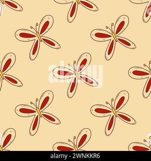 Nahtloses Muster mit schönen abstrakten roten Schmetterlingen auf beigefarbenem Hintergrund. Bunte Vektor-Illustration Hand gezeichnet Doodle. Niedliches Mottenmuster für fabelhaftes Design Stock Vektor