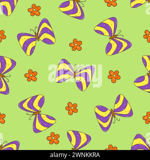 Nahtloses Muster mit schönen abstrakten Schmetterlingen und Blumen auf grünem Hintergrund. Bunte Vektor-Illustration Hand gezeichnet Doodle. Niedliches Mottenmuster Stock Vektor