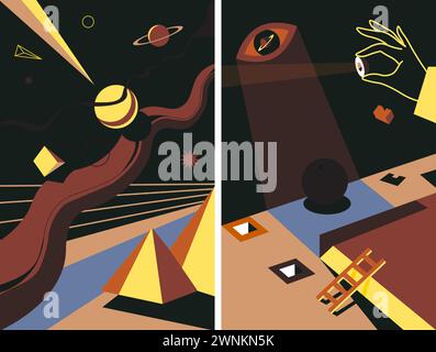 Surreales Reich, Auge, Hand und Himmelskörper Stock Vektor