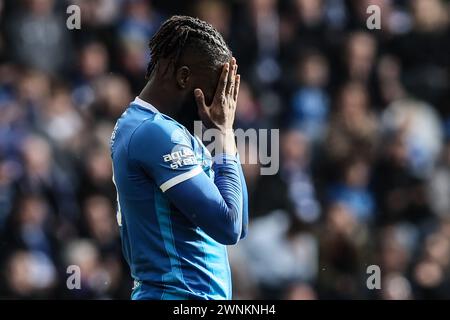 Genk, Belgien. März 2024. Genks Tolu Toluwalase Arokodare reagiert während eines Fußballspiels zwischen KRC Genk und Club Brugge am Sonntag, den 3. März 2024 in Genk, am 2. Tag! Der Saison 2023-2024 der ersten Liga der „Jupiler Pro League“ der belgischen Meisterschaft. BELGA FOTO BRUNO FAHY Credit: Belga News Agency/Alamy Live News Stockfoto