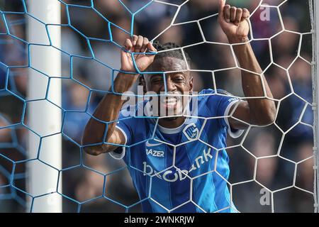 Genk, Belgien. März 2024. Genks Joris Kayembe reagiert auf ein Fußballspiel zwischen KRC Genk und Club Brugge am Sonntag, den 3. März 2024 in Genk, am 2. Tag! Der Saison 2023-2024 der ersten Liga der „Jupiler Pro League“ der belgischen Meisterschaft. BELGA FOTO BRUNO FAHY Credit: Belga News Agency/Alamy Live News Stockfoto