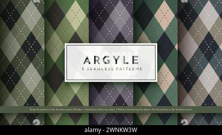 Legen Sie 5 Nahtloses Militärisches Argyle-Muster Fest. Traditionelle Rhombus-Textur. Modisches Material. Textiler Hintergrund Stock Vektor