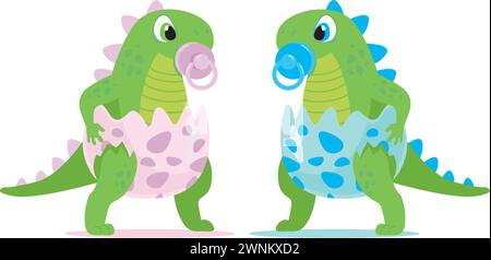 Niedliche Dinosaurierfiguren für Mädchen und Jungen für Babyparty und Gender Reveal Party. Vektor im Cartoon-Stil Stock Vektor