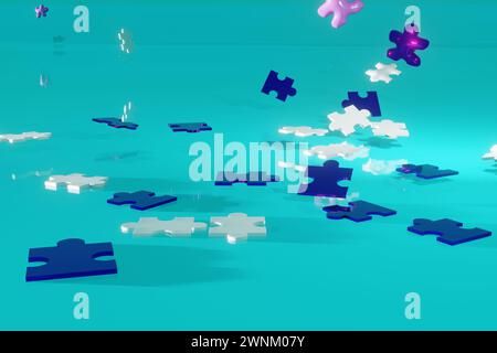 3D-Rendering von Puzzleteilen, die sich aufblasen und aufschwimmen Stockfoto