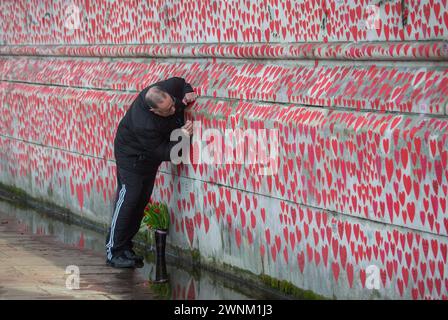 London, England, Großbritannien. März 2024. Am Nationalfeiertag der Reflexion versammeln sich Menschen entlang der COVID-Gedenkmauer am Themsenpfad in Westminster zu Ehren derer, die an COVID-19 gestorben sind. Jedes handgemalte Herz an der Wand repräsentiert ein Leben, das COVID-19 in Großbritannien verloren ging (Credit Image: © Tayfun Salci/ZUMA Press Wire), NUR REDAKTIONELLE VERWENDUNG! Nicht für kommerzielle ZWECKE! Quelle: ZUMA Press, Inc./Alamy Live News Stockfoto