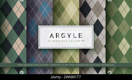 Legen Sie 5 Nahtloses Militärisches Argyle-Muster Fest. Traditionelle Rhombus-Textur. Modisches Material. Textiler Hintergrund Stock Vektor