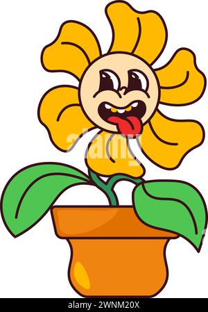 Retro-Pflanzenfigur, die aus der Zunge ragt, Aufkleber Stock Vektor