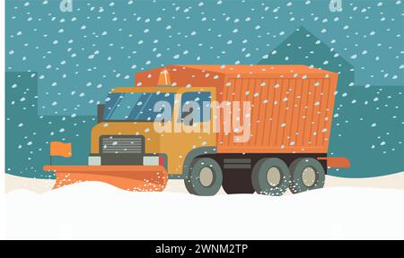 Schneepflug Truck reinigt die schneebedeckte Straße in der Stadt. Schneeräumungskonzept für Winterstraßen. Illustration des flachen Vektors Stock Vektor