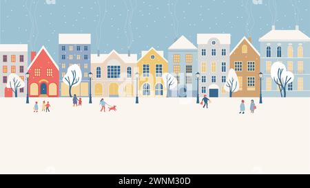 Winterpanorama mit Menschen, die an den Weihnachtsferien im Schnee auf der Straße spazieren gehen. Europäische Altstadt mit gemütlichen Gebäuden. Illustration des flachen Vektors Stock Vektor