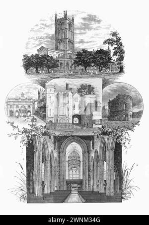 Ansichten in Ludlow im 19. Jahrhundert; Schwarzweiß-Illustration aus „Our Our Own Country“ ein beschreibender, historischer und bildlicher Leitfaden für Großbritannien, der Ende der 1880er Jahre von Cassell, Petter, Galpin & Co. Veröffentlicht wurde. Historische Bilder von Briatin. Stockfoto