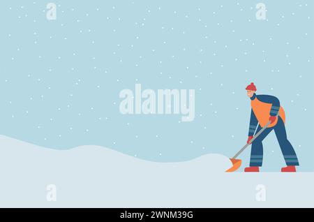 Mann, der Schnee mit Schaufeln entfernt. Arbeiter in Uniform, der die Stadtstraße nach Schneesturm reinigt. Flache Vektorillustration für Textposter Stock Vektor