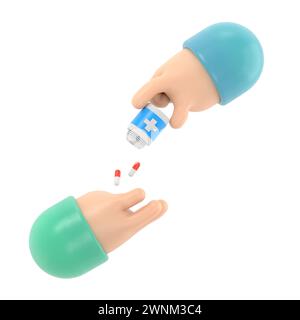 Arzt, der Pillen-Patient gibt. 3D-Illustration, flaches Design. Flasche mit Medikamenten in der Hand halten. Gesundheitskonzept. Nehmen Sie Schmerzmittel ein.3 Stockfoto