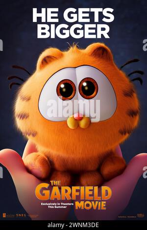 The Garfield Movie (2024) von Mark Dindal mit Hannah Waddingham, Samuel L. Jackson und Chris Pratt. Garfield trifft seinen lange verlorenen Vater Vic und verlässt zusammen mit Odie ihr verwöhntes Leben, um einen Raub zu versuchen. US Advance Poster ***NUR FÜR REDAKTIONELLE ZWECKE***. Quelle: BFA / Columbia Pictures Stockfoto
