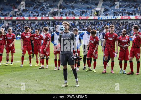 Genk, Belgien. März 2024. Die Spieler des Clubs feiern am Sonntag, den 3. März 2024 in Genk, nach dem Gewinn eines Fußballspiels zwischen KRC Genk und Club Brugge am 2. Tag! Der Saison 2023-2024 der ersten Liga der „Jupiler Pro League“ der belgischen Meisterschaft. BELGA FOTO BRUNO FAHY Credit: Belga News Agency/Alamy Live News Stockfoto