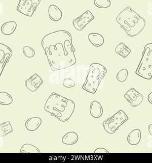 Schwarz-weiße Konturillustration, nahtloses Vektormuster für Geschenkpapier mit Osterkuchen und bunten Eiern Stock Vektor