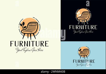 Moderne, minimalistische Zimmereinrichtung, Möbel Galerie Logo Design Vektor Stuhl Symbole und Ikonen Stock Vektor