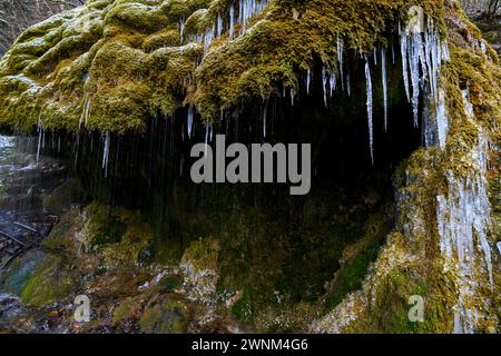 Wasserfall in der Wutachschlucht, Dietfurt Schleierfall, im Winter mit Eiszapfen, Schwarzwald, Baden-Württemberg, Deutschland Stockfoto