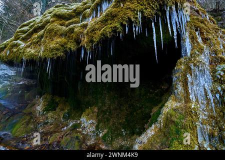 Wasserfall in der Wutachschlucht, Dietfurt Schleierfall, im Winter mit Eiszapfen, Schwarzwald, Baden-Württemberg, Deutschland Stockfoto