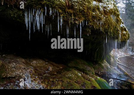 Wasserfall in der Wutachschlucht, Dietfurt Schleierfall, im Winter mit Eiszapfen, Schwarzwald, Baden-Württemberg, Deutschland Stockfoto