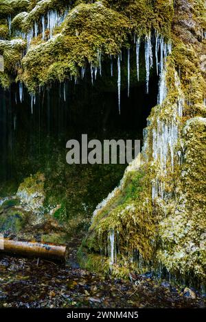 Wasserfall in der Wutachschlucht, Dietfurt Schleierfall, im Winter mit Eiszapfen, Schwarzwald, Baden-Württemberg, Deutschland Stockfoto