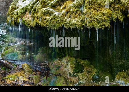 Wasserfall in der Wutachschlucht, Dietfurt Schleierfall, im Winter mit Eiszapfen, Schwarzwald, Baden-Württemberg, Deutschland Stockfoto