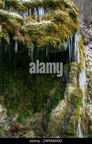 Wasserfall in der Wutachschlucht, Dietfurt Schleierfall, im Winter mit Eiszapfen, Schwarzwald, Baden-Württemberg, Deutschland Stockfoto