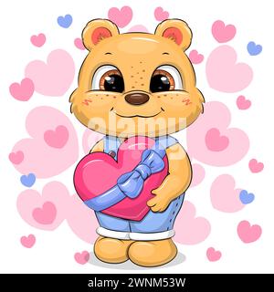 Niedlicher Cartoon-Bärenjunge, der ein Herz mit blauem Band hält. Vektorillustration eines Tieres auf einem weißen Hintergrund mit rosa und blauen Herzen. Stock Vektor
