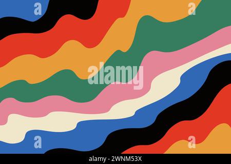 Grooviges abstraktes Muster von welligen bunten Linien wie Rot, Orange, Gelb, Grün, Blau, indigo und schwarze Farben. Dynamische und lebendige Retro-Textur. Stock Vektor