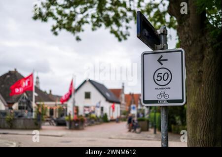 Verkehrsschild mit einer Radroute, neben roten Fahnen und einem Texel-Schild, Kreuzung, den Burg, Texel, Noord-Holland, Niederlande Stockfoto