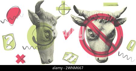 Collage-Elemente mit Statuenkopf von Stier oder Kuh und Kritzelung unregelmäßiger Blob-Formen. Schwarze Polka Dots Halbtonkunst für zeitgenössische Kunst. Trendig ausschneiden Stock Vektor