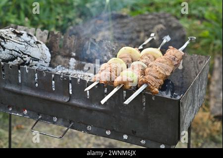 Das Fleisch wird auf Spießen auf dem Grill gekocht Stockfoto