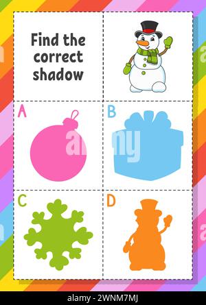 Suchen Sie den richtigen Schatten. Arbeitsblatt zur Entwicklung von Bildungsmaßnahmen für Kinder. Puzzlespiel. Aktivität". Zeichentrickfigur. Vektorabbildung. Stock Vektor