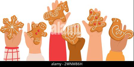 Kinder mit dekoriertem Lebkuchen. Kinderhände mit traditionellen Weihnachtskeksen. Illustration des flachen Vektors Stock Vektor