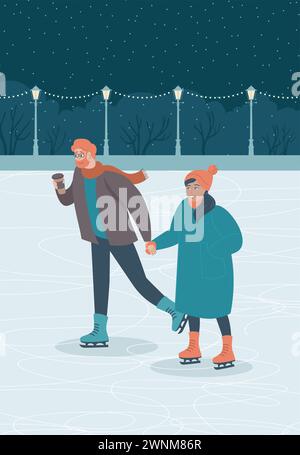 Glückliches Paar, das nachts zusammen auf der Eisbahn läuft. Saisonale Outdoor-Aktivitäten. Illustration des flachen Vektors Stock Vektor