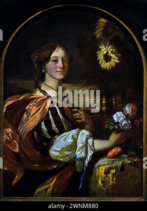 Catharina van Heemskerck mit Sonnenblumen Carel de Moor II Niederlande, Niederländisch, Holland, Königliches Museum der Schönen Künste, Antwerpen, Belgien, Belgien. Stockfoto