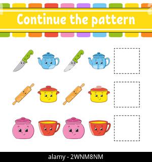 Fahren Sie mit dem Muster fort. Arbeitsblatt zur Entwicklung von Bildungsmaßnahmen. Spiel für Kinder. Aktivität". Puzzle für Kinder. Rätsel für die Vorschule. Niedlicher Cartoon-Stil. Vec Stock Vektor