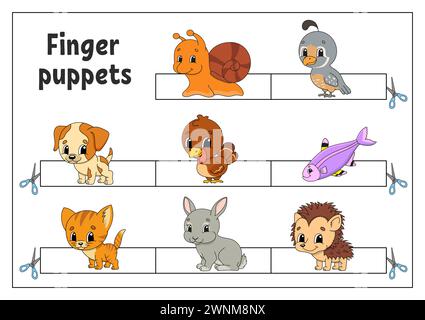 Fingerpuppen. Aktivitäten für Kinder. Niedliche Zeichentrickfiguren. Vektorabbildung. Stock Vektor