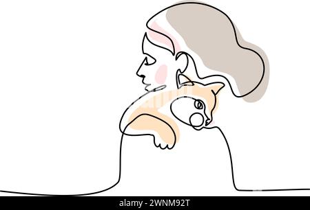 Frau mit Katze auf der Schulter. Durchgehende einzeilige Zeichnung Stock Vektor